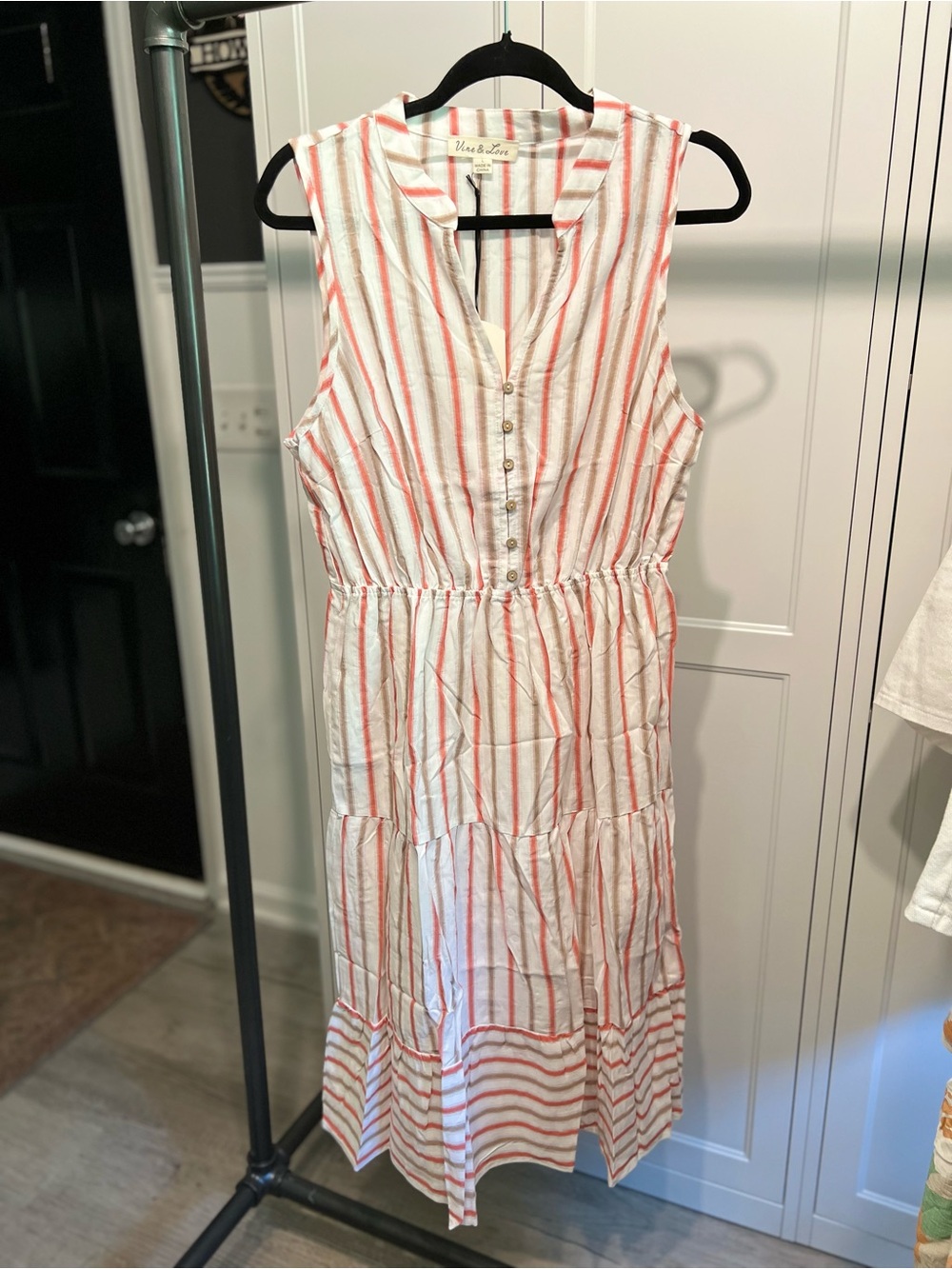 Vine & Love White Dress with Coral Stripe Tiered Skirt